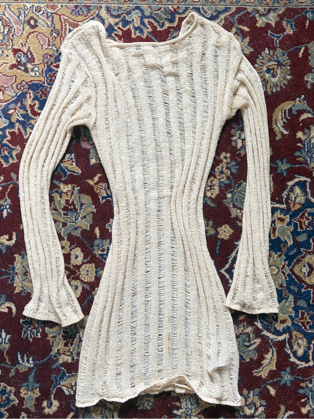 Beige Ribbed Knit Long-Sleeve Women’s Dress